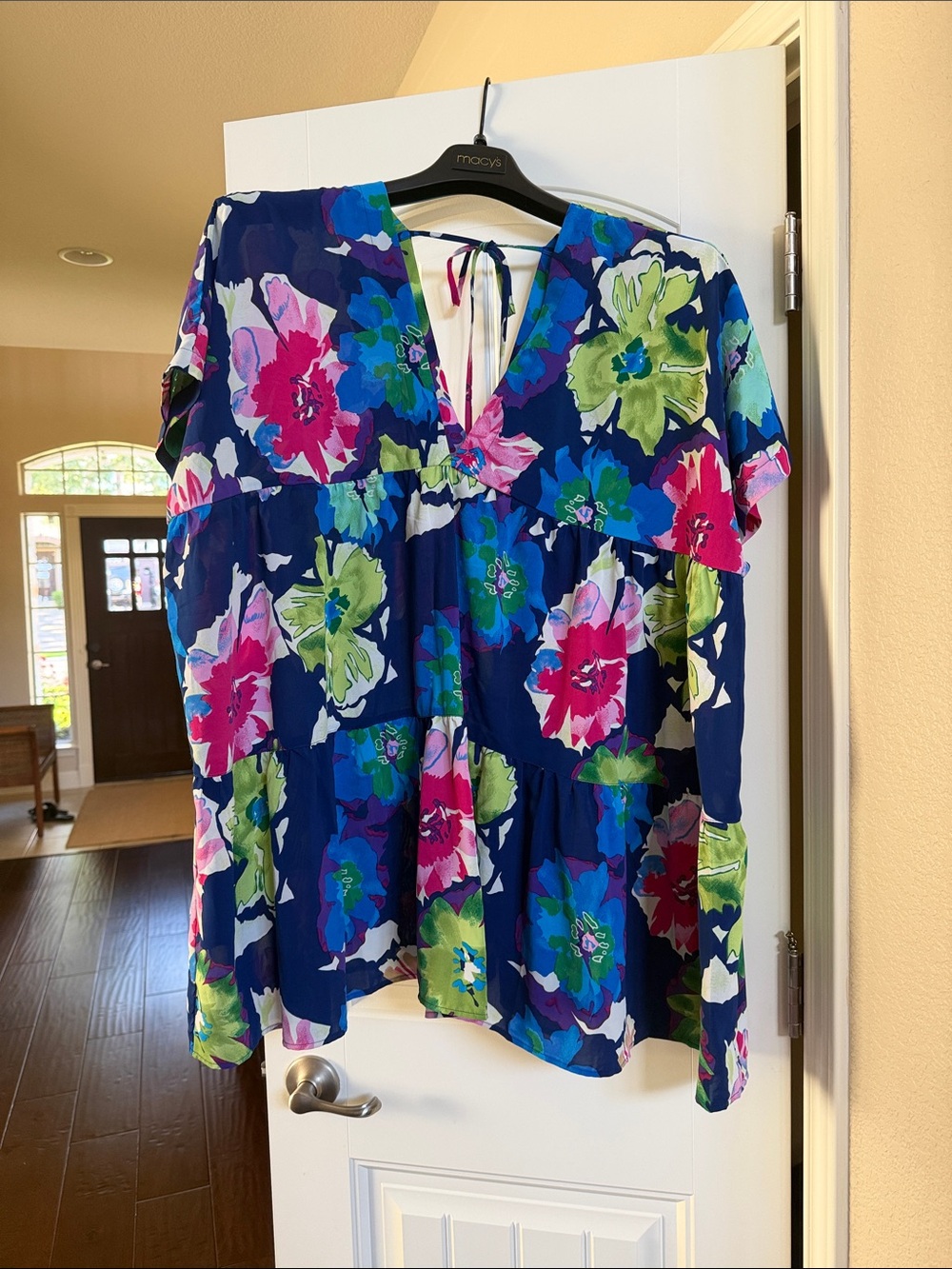 Chic Soul Navy Floral V-Neck Blouse with Pink & Green Accents